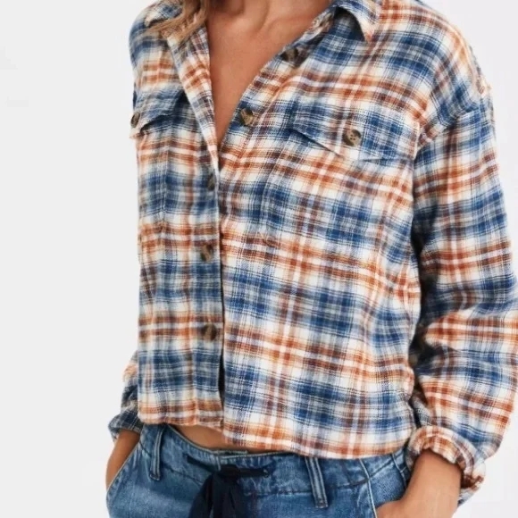 American Eagle Outfitters Tops - American Eagle Outfitters Plaid Crop Top - Blue and Orange